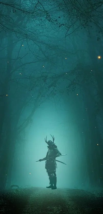 Mystical warrior stands in a dark, teal forest with scattered glowing fireflies.