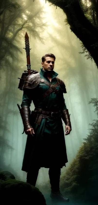 Wallpaper of a warrior standing in a misty, dark green forest.