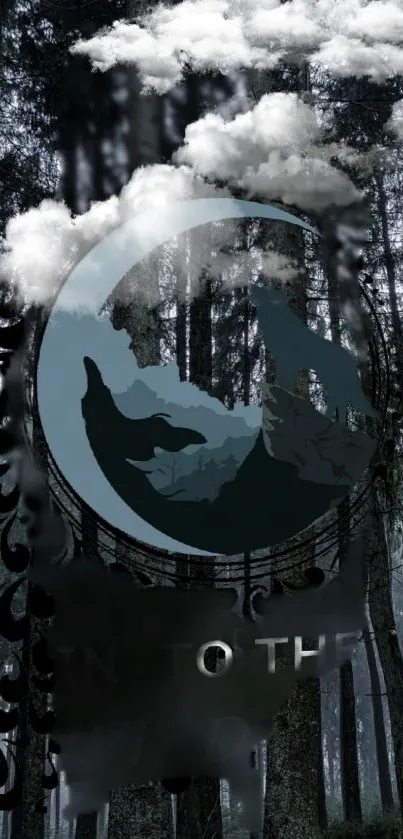 Mystical forest wallpaper with wolf silhouette and moon.