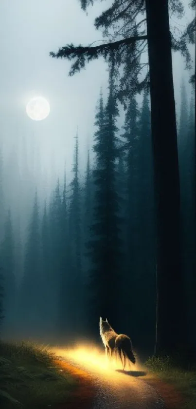 Wolf on glowing path in moonlit forest.