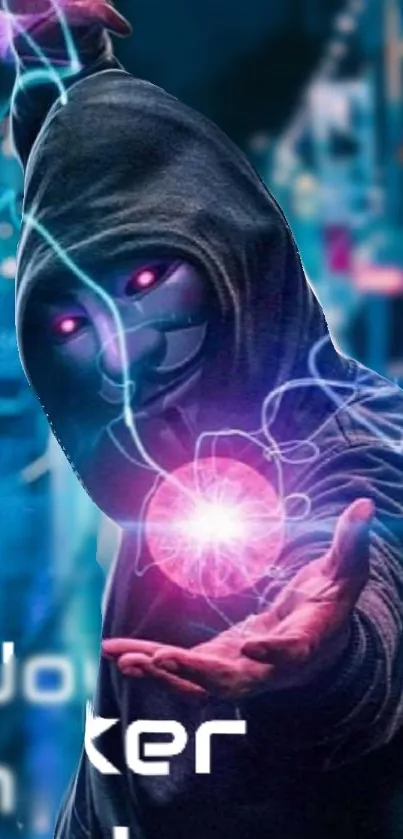 Hooded figure with glowing orb in futuristic urban setting.