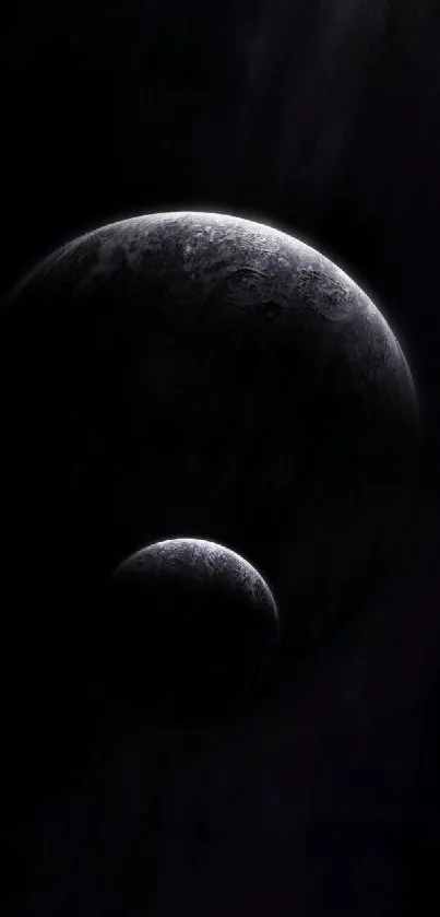 Dark-themed wallpaper featuring two planets in cosmic scenery.