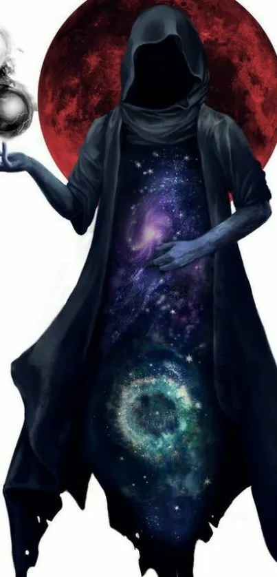 Hooded figure with galaxy cloak and red moon background.