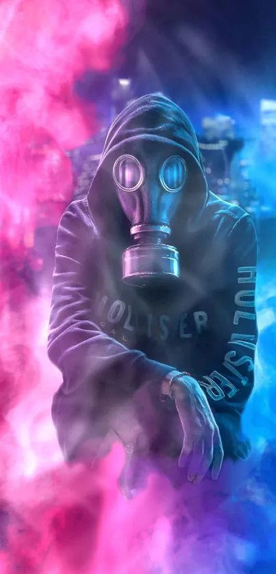 Hooded figure with gas mask in pink and blue smoke on city backdrop.