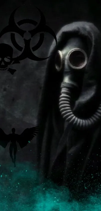 Gas mask figure with dark symbols and teal smoke.