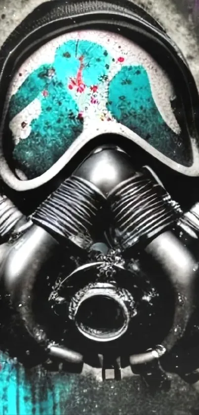 Gas mask with colorful splashes on teal background.