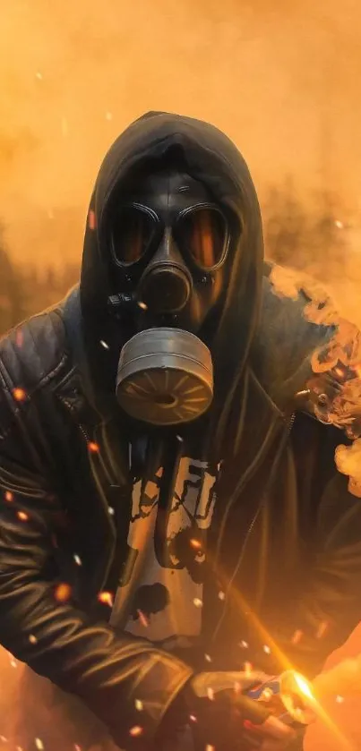 A mysterious figure wearing a gas mask in an orange smokey atmosphere.