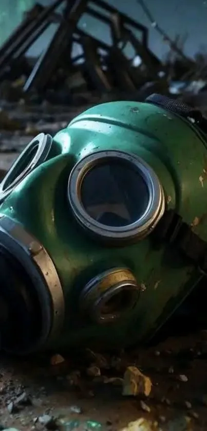 Mysterious green gas mask on eerie ground.