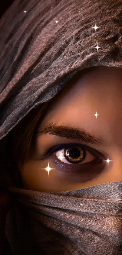 Mysterious gaze with veil in dark tones, mobile wallpaper.