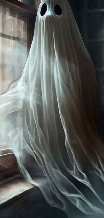 Ghost standing by a window in a dark room, with ethereal translucent effects.