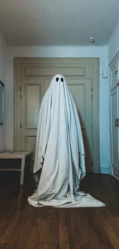 Ghostly figure in white sheet in dimly lit hallway with wooden floor.