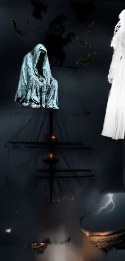 A ghostly figure overlooks a dark stormy ship in this eerie mobile wallpaper.