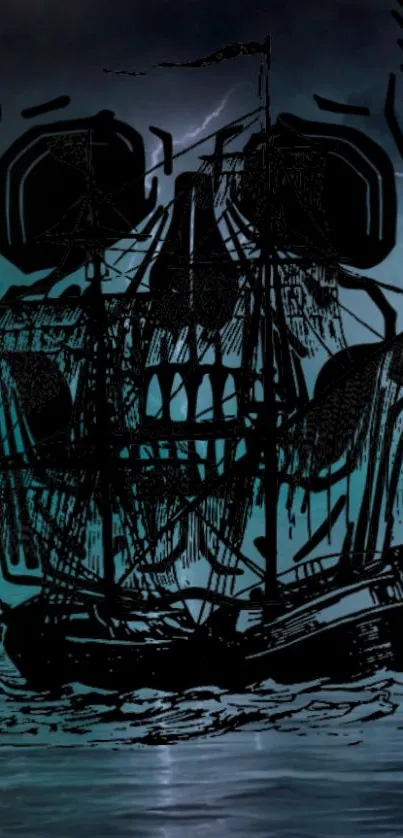 A ghost ship with a skull silhouette over stormy waters.