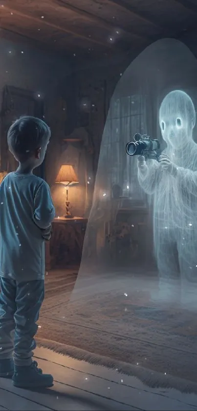 A child encounters a glowing ghost in a dimly lit room, captivating scene.