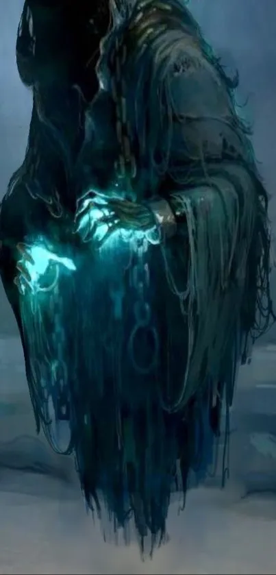 Ghostly figure glowing in blue hues, eerie and mysterious art.