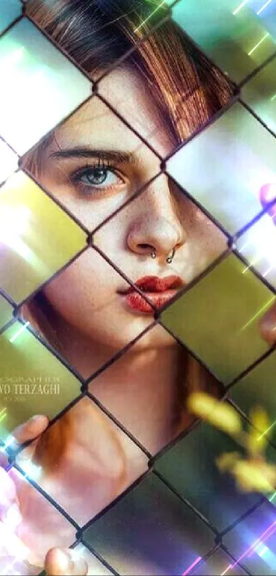 Mysterious girl peering through fence with autumn colors.