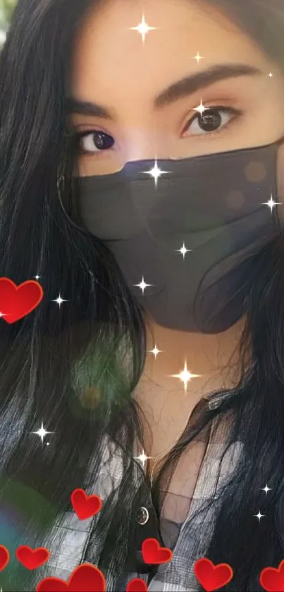 Mysterious girl with hearts and sparkles mask wallpaper.