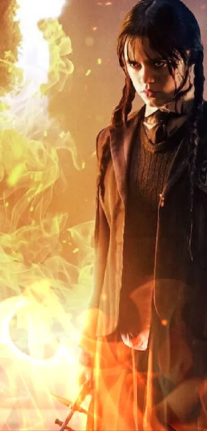 A mysterious girl stands amid vibrant flames in dark attire.