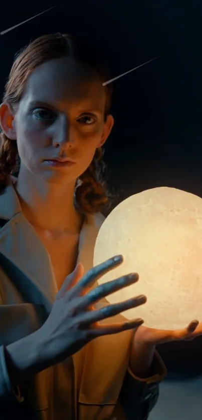 Woman holds glowing orb in mysterious setting.