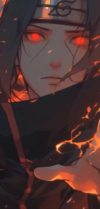 Anime character with glowing red eyes and fiery aura in dark setting.