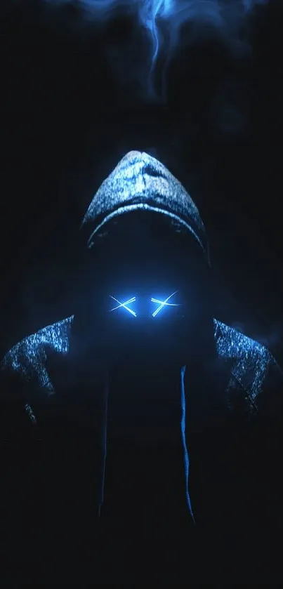 Hooded figure with glowing blue eyes on a dark background.