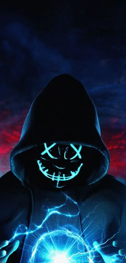 Hooded figure with glowing mask and energy orb on dark blue background.