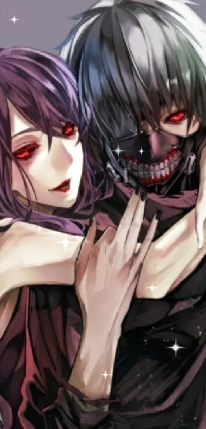 Anime duo in dark gothic style with red eyes and purple hues.