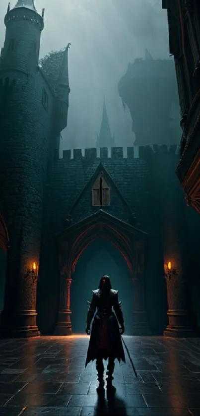 Mysterious man in gothic castle with lanterns and towers.