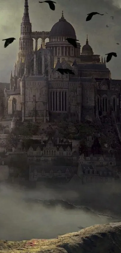 Gothic castle with flying crows in a dark, mystical setting.