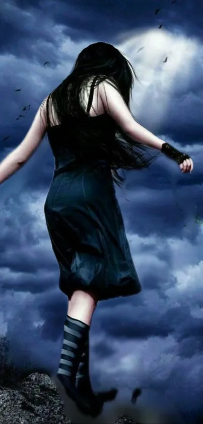 Mysterious gothic woman against a dramatic cloudy sky holding a rose.