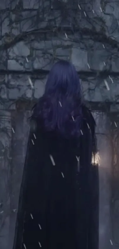 A figure in a dark cloak stands before an ancient, gothic stone doorway.