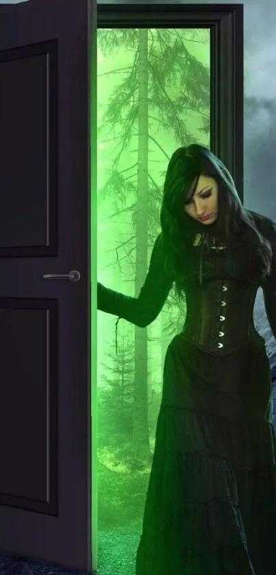 Gothic woman emerging from glowing green door in dark forest scene.