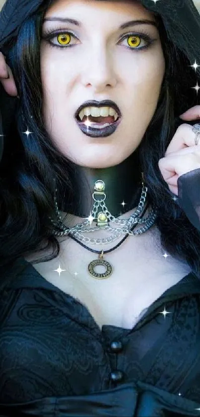 Dark gothic figure with yellow eyes and intricate necklace.