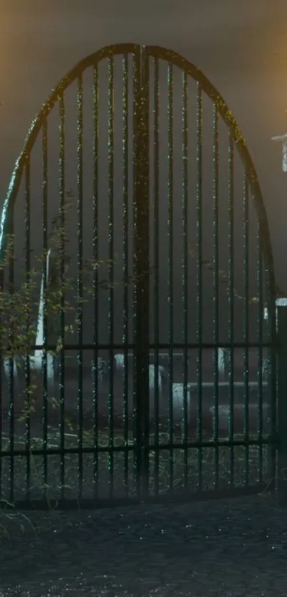 Mysterious Gothic gate with stone pillars at night.