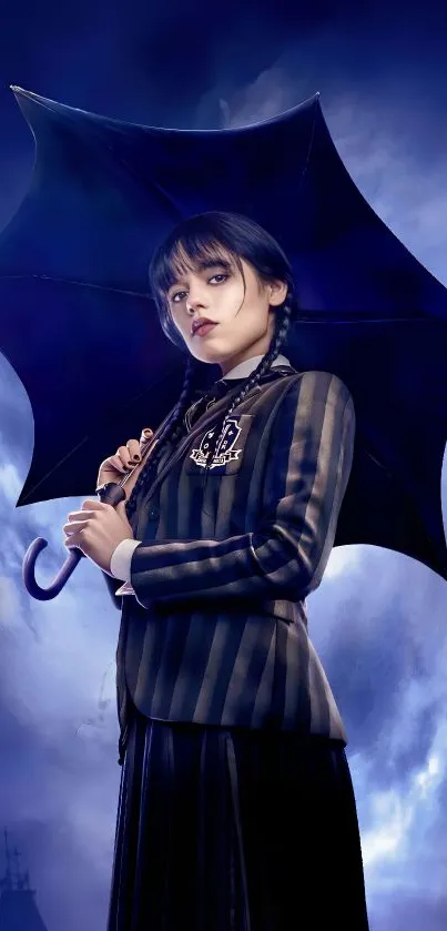 Gothic girl with umbrella against stormy sky.