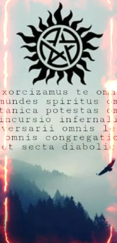 Gothic mobile wallpaper with black sun symbol and Latin text over forest backdrop.