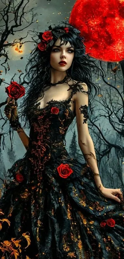 Gothic lady with roses beneath a red moon in a dark fantasy setting.