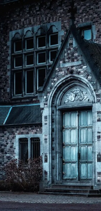 Mysterious dark Gothic mansion exterior with intricate stonework and moody lighting.