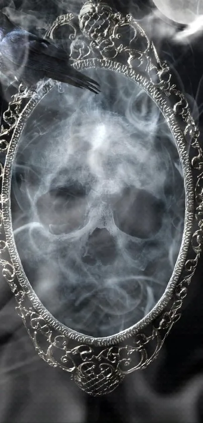 Gothic mirror with smoky skull and raven perched on top.