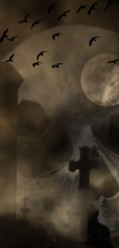 Gothic night scene with crosses and moonlit sky, creating a mysterious atmosphere.