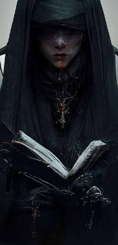 Dark gothic nun holding a book wallpaper.