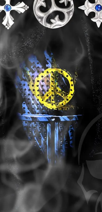 Hooded figure with blue and yellow peace symbol in dark setting.