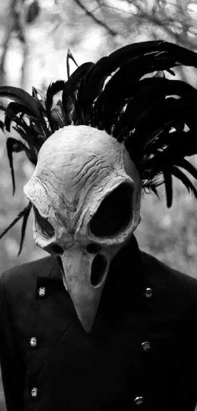 Gothic skull mask with black feathers in monochrome.