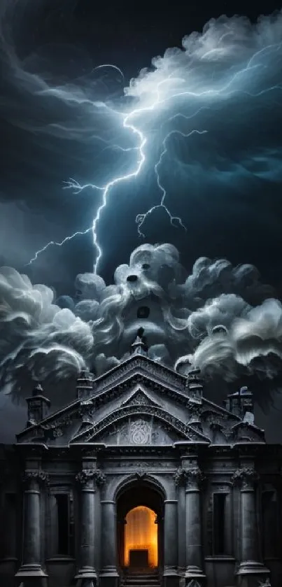 Gothic cathedral under a stormy, lightning-filled sky.