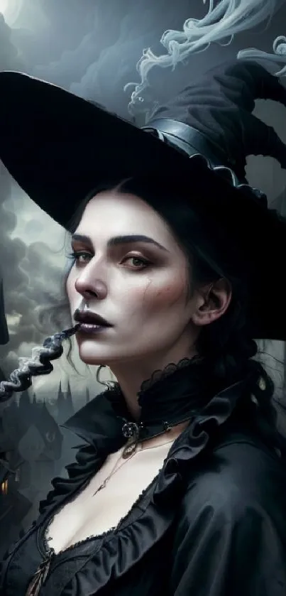 Gothic witch in dark attire with a mysterious fantasy setting.