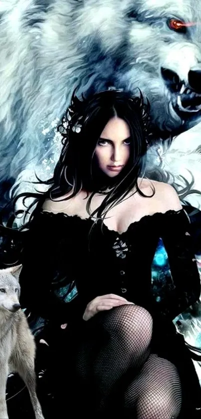 Gothic figure with wolves in dark fantasy art.