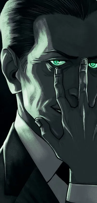 Mysterious figure with green eyes and dark tones in this phone wallpaper artwork.