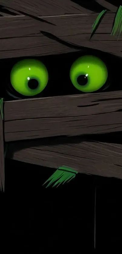 Artwork of green eyes peering through wooden planks.