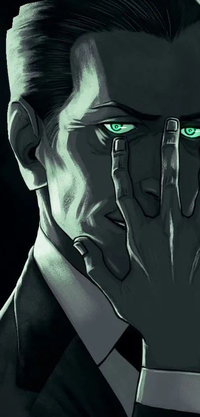 Dark art portrait with mysterious green eyes on a mobile wallpaper.