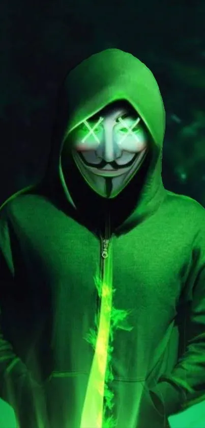 Mysterious masked figure in a green hoodie glowing in the dark.